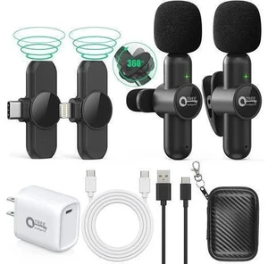 Wireless Lavalier Microphone for iPhone/ipad/Android,Wireless Lapel clip on microphone(2 Microphones with 2 Receivers) Plug-Play Auto-Sync for Facebook,YouTube,Video/Vlog Recording,Live stream,TikTok Wireless Lavalier Microphone for iPhone/ipad/Android,Wireless Lapel clip on microphone(2 Microphones with 2 Receivers) Plug-Play Auto-Sync for Facebook,YouTube,Video/Vlog Recording,Live stream,TikTok