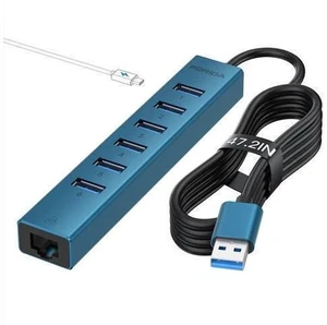 7 Ports USB 3.0 Hub, USB to Network HUB with 3.9ft Long Cable for Laptop, USB Splitter with Gigabit Ethernet Port and 5V/3A Power Port, MultiPort Aluminum Hub for iMac, PC, Flash Drives (Blue) 7 Ports USB 3.0 Hub, USB to Network HUB with 3.9ft Long Cable for Laptop, USB Splitter with Gigabit Ethernet Port and 5V/3A Power Port, MultiPort Aluminum Hub for iMac, PC, Flash Drives (Blue)