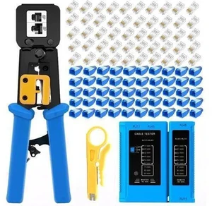 RJ45 Crimping Tool for Cat6 Cat5e Cat5, Sturdy Crimper for rj45 rj12/11 Pass-Through Connectors with 50pcs rj45 Cat5e Pass-Through Connectors, 50pcs Covers, Wire Stripper; Network Cable Tester RJ45 Crimping Tool for Cat6 Cat5e Cat5, Sturdy Crimper for rj45 rj12/11 Pass-Through Connectors with 50pcs rj45 Cat5e Pass-Through Connectors, 50pcs Covers, Wire Stripper; Network Cable Tester