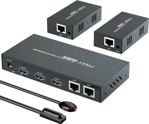 HDMI Extender Splitter1x2 HD 4K @60Hz up to 60m(196ft)-Loop Out-Over CAT5/CAT6/CAT7 Cable HDMI Transmitter and Receiver with IR Power Switch and EDID HDMI Extender Splitter1x2 HD 4K @60Hz up to 60m(196ft)-Loop Out-Over CAT5/CAT6/CAT7 Cable HDMI Transmitter and Receiver with IR Power Switch and EDID