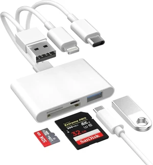 4-in-1 SD Card Reader for iPhone iPad Mac USB-C+Lightning+USB 3.0 OTG Adapter Fast Transfer from Camera SD/TF Card to Phone Compatible with Flash Drive 4-in-1 SD Card Reader for iPhone iPad Mac USB-C+Lightning+USB 3.0 OTG Adapter Fast Transfer from Camera SD/TF Card to Phone Compatible with Flash Drive