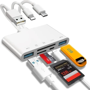 5-in-1 Memory Card Reader USB OTG Adapter & SD Card Reader for i-Phone/i-Pad USB C and USB A Devices with Micro SD & SD Card Slots Supports SD/Micro SD/SDHC/SDXC/MMC 5-in-1 Memory Card Reader USB OTG Adapter & SD Card Reader for i-Phone/i-Pad USB C and USB A Devices with Micro SD & SD Card Slots Supports SD/Micro SD/SDHC/SDXC/MMC