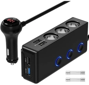 TR30 Car Cigarette Lighter Splitter 1-to-3 Socket with 4 USB Ports, Independent On/Off Switches, QC3.0 Fast Charging, 120W High Power & LED Voltage Display TR30 Car Cigarette Lighter Splitter 1-to-3 Socket with 4 USB Ports, Independent On/Off Switches, QC3.0 Fast Charging, 120W High Power & LED Voltage Display