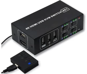 4x1 HDMI KVM Switch 4 Ports, 4 PCs Share One 4K@60Hz Monitor, One-Button Control, Comes with 4 USB Cables & 1 Power Cable 4x1 HDMI KVM Switch 4 Ports, 4 PCs Share One 4K@60Hz Monitor, One-Button Control, Comes with 4 USB Cables & 1 Power Cable