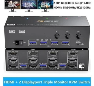 3-In-3-Out Triple Monitor KVM Switch 8K@60Hz (HDMI+2DP), 4 USB 3.0 Ports for 3 PCs Share 3 Displays, Wired Remote, USB Cable & Power Adapter Included 3-In-3-Out Triple Monitor KVM Switch 8K@60Hz (HDMI+2DP), 4 USB 3.0 Ports for 3 PCs Share 3 Displays, Wired Remote, USB Cable & Power Adapter Included