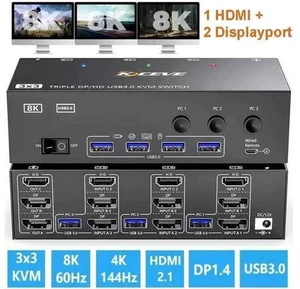 3-Port Triple Monitor KVM Switch (1HDMI+2DP), 8K@60Hz, 4 USB3.0 Ports, Wired Remote & 12V Power Adapter Included 3-Port Triple Monitor KVM Switch (1HDMI+2DP), 8K@60Hz, 4 USB3.0 Ports, Wired Remote & 12V Power Adapter Included
