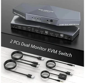 2 Port Dual Monitor HDMI KVM Switch 4K, USB-Powered, Hotkey Control, Built-in Audio, Full Cables Included for 2 PCs & 2 Monitors 2 Port Dual Monitor HDMI KVM Switch 4K, USB-Powered, Hotkey Control, Built-in Audio, Full Cables Included for 2 PCs & 2 Monitors