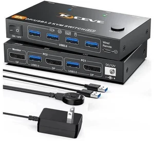 2 Port DP 2.1 KVM Switch 8K@60Hz 4K@144Hz, USB 3.0 DisplayPort KVM Switcher for 2 PCs Share 1 Monitor Keyboard Mouse, Wired Remote & Power Adapter Included 2 Port DP 2.1 KVM Switch 8K@60Hz 4K@144Hz, USB 3.0 DisplayPort KVM Switcher for 2 PCs Share 1 Monitor Keyboard Mouse, Wired Remote & Power Adapter Included