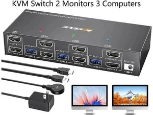 3 Port Dual HDMI USB 3.0 KVM Switch 4K@60Hz, Dual Monitor KVM Switcher with 4 USB Ports, Wired Remote, Power Adapter & USB3.0 Cables for 3 PCs Share 2 Displays 3 Port Dual HDMI USB 3.0 KVM Switch 4K@60Hz, Dual Monitor KVM Switcher with 4 USB Ports, Wired Remote, Power Adapter & USB3.0 Cables for 3 PCs Share 2 Displays