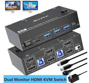 2 Port Dual Monitor HDMI KVM Switch, 8K@60Hz 4K@120Hz USB3.0 KVM Switcher with Wired Remote & Power Adapter for 2 PCs Share 2 Displays & 4 USB 3.0 Devices, Support Extend & Mirror Mode 2 Port Dual Monitor HDMI KVM Switch, 8K@60Hz 4K@120Hz USB3.0 KVM Switcher with Wired Remote & Power Adapter for 2 PCs Share 2 Displays & 4 USB 3.0 Devices, Support Extend & Mirror Mode