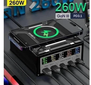 260W Multi-Device Charging Station with Wireless Charger, 5-Port USB Fast Charging Hub, Portable USB-C Desktop Power Adapter for iPhone, iPad, Tablets & Smartphones, Ideal for Home & Office Use 260W Multi-Device Charging Station with Wireless Charger, 5-Port USB Fast Charging Hub, Portable USB-C Desktop Power Adapter for iPhone, iPad, Tablets & Smartphones, Ideal for Home & Office Use