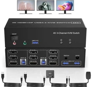 2PC Triple Monitor Hybrid HDMI+Dual DP USB3.0 KVM Switch 4K@60Hz, With Audio & Mic, 3 USB3.0 Ports for Sharing Keyboard & Mouse 2PC Triple Monitor Hybrid HDMI+Dual DP USB3.0 KVM Switch 4K@60Hz, With Audio & Mic, 3 USB3.0 Ports for Sharing Keyboard & Mouse