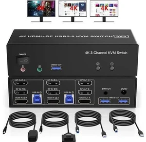 2 PCs Triple Monitor KVM Switch (1 HDMI + 2 DisplayPort) USB 3.0, 4K@60Hz, Built-in Audio & 3 USB3.0 Ports for Sharing 3 Monitors, Keyboard & Mouse 2 PCs Triple Monitor KVM Switch (1 HDMI + 2 DisplayPort) USB 3.0, 4K@60Hz, Built-in Audio & 3 USB3.0 Ports for Sharing 3 Monitors, Keyboard & Mouse