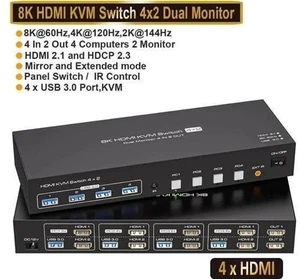 4-Port Dual HDMI KVM Switch 4 In 2 Out, 8K@60Hz 4K@120Hz, 4 USB3.0 Ports 4-Port Dual HDMI KVM Switch 4 In 2 Out, 8K@60Hz 4K@120Hz, 4 USB3.0 Ports