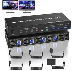 4 Port Dual Monitor HDMI KVM Switch 4K@60Hz EDID Adaptive, 4 PCs Share 2 Screens, 3 USB 3.0 & Audio Mic Port 4 Port Dual Monitor HDMI KVM Switch 4K@60Hz EDID Adaptive, 4 PCs Share 2 Screens, 3 USB 3.0 & Audio Mic Port