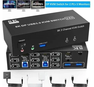 2 Port Triple Monitor DP KVM Switch DP1.4, 8K@60Hz 4K@144Hz USB3.0 KVM Switcher with 1-to-2 RJ45 Ethernet Splitter, Audio Mic & 3 USB 3.0 Ports for 2 PCs Share 3 Displays 2 Port Triple Monitor DP KVM Switch DP1.4, 8K@60Hz 4K@144Hz USB3.0 KVM Switcher with 1-to-2 RJ45 Ethernet Splitter, Audio Mic & 3 USB 3.0 Ports for 2 PCs Share 3 Displays
