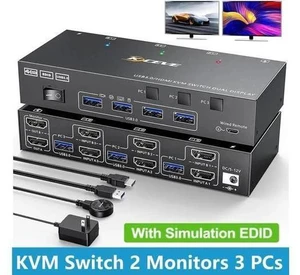 3 Port Dual HDMI USB 3.0 KVM Switch 3 In 2 Out, 4K@60Hz 2K@144Hz KVM Switcher with EDID Emulation, 4 USB3.0 Ports for 3 PCs Share 2 Monitors Keyboard Mouse Printer 3 Port Dual HDMI USB 3.0 KVM Switch 3 In 2 Out, 4K@60Hz 2K@144Hz KVM Switcher with EDID Emulation, 4 USB3.0 Ports for 3 PCs Share 2 Monitors Keyboard Mouse Printer