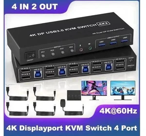 4 Port Dual DP USB3.0 KVM Switch, 4K@60Hz Dual Monitor DisplayPort KVM Switcher with Audio Mic & 3 USB 3.0 Ports for 4 PCs Share 2 Displays Keyboard Mouse 4 Port Dual DP USB3.0 KVM Switch, 4K@60Hz Dual Monitor DisplayPort KVM Switcher with Audio Mic & 3 USB 3.0 Ports for 4 PCs Share 2 Displays Keyboard Mouse