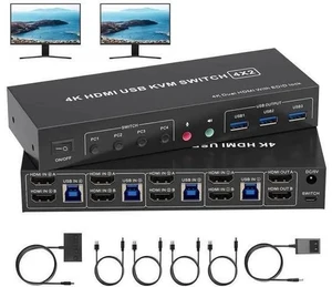 4 Port Dual HDMI KVM Switch 4 In 2 Out, 4K@60Hz USB3.0 Dual Monitor KVM Switcher with 3 USB 3.0 Ports, Button & Desktop Remote Control for 4 PCs Share 2 Displays Keyboard Mouse 4 Port Dual HDMI KVM Switch 4 In 2 Out, 4K@60Hz USB3.0 Dual Monitor KVM Switcher with 3 USB 3.0 Ports, Button & Desktop Remote Control for 4 PCs Share 2 Displays Keyboard Mouse