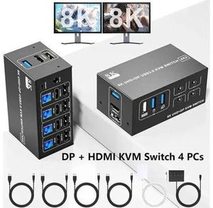 4 Port Dual Monitor DP1.4 & HDMI2.1 Hybrid KVM Switch 8K@60Hz USB3.0 5Gbps, 4 USB Sharing Ports for 4 PCs Share 2 Displays 4 Port Dual Monitor DP1.4 & HDMI2.1 Hybrid KVM Switch 8K@60Hz USB3.0 5Gbps, 4 USB Sharing Ports for 4 PCs Share 2 Displays