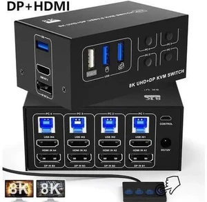 4-Port HDMI+DP Dual Monitor KVM Switch, 8K@60Hz 4K@120Hz, USB3.0, Desktop Controller Included 4-Port HDMI+DP Dual Monitor KVM Switch, 8K@60Hz 4K@120Hz, USB3.0, Desktop Controller Included