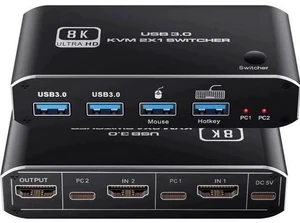 2-Port 2 In 1 Out HDMI 2.1 8K KVM Switch, Support 8K@60Hz, 4K@120Hz, 4 USB 3.0 Ports & Keyboard Hotkey Control, 2 PCs Share One Monitor, Keyboard & Mouse 2-Port 2 In 1 Out HDMI 2.1 8K KVM Switch, Support 8K@60Hz, 4K@120Hz, 4 USB 3.0 Ports & Keyboard Hotkey Control, 2 PCs Share One Monitor, Keyboard & Mouse