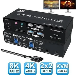2x2 DP 2.0 Dual Monitor KVM Switch 8K@60Hz 4K@240Hz, 2 PCs Share 2 Displays, Audio Mic, 4 USB Ports & SD/TF Card Reader 2x2 DP 2.0 Dual Monitor KVM Switch 8K@60Hz 4K@240Hz, 2 PCs Share 2 Displays, Audio Mic, 4 USB Ports & SD/TF Card Reader
