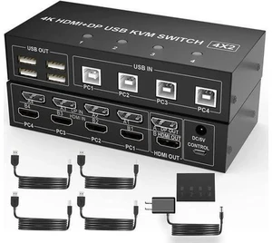 4 Port Dual Monitor HDMI+DP Hybrid KVM Switch, 4K@60Hz UHD, Built-in 4-Port USB 2.0 Hub for 4 PCs Share 2 Displays & Keyboard Mouse Peripherals 4 Port Dual Monitor HDMI+DP Hybrid KVM Switch, 4K@60Hz UHD, Built-in 4-Port USB 2.0 Hub for 4 PCs Share 2 Displays & Keyboard Mouse Peripherals