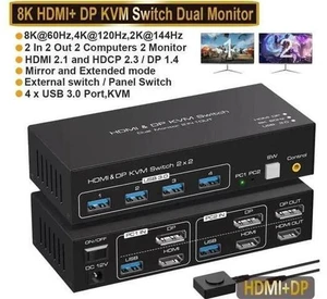 2-Port HDMI+DP Dual Monitor KVM Switch, 8K@60Hz 4K@120Hz, 4 USB3.0 Ports, External Wired Controller & 2 USB Cables Included 2-Port HDMI+DP Dual Monitor KVM Switch, 8K@60Hz 4K@120Hz, 4 USB3.0 Ports, External Wired Controller & 2 USB Cables Included