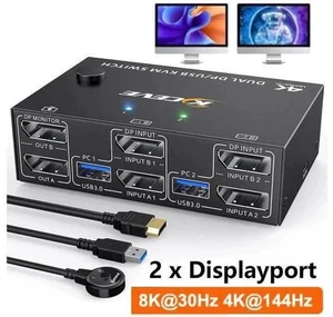 2 Port DP 1.4 Dual Monitor USB 3.0 KVM Switch, 8K@30Hz & 4K@144Hz, 4 USB3.0 Ports, Wired Remote & 4 Cables Included for 2 PCs Sharing 2 Monitors 2 Port DP 1.4 Dual Monitor USB 3.0 KVM Switch, 8K@30Hz & 4K@144Hz, 4 USB3.0 Ports, Wired Remote & 4 Cables Included for 2 PCs Sharing 2 Monitors