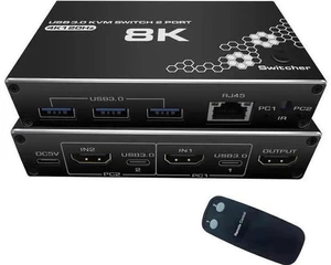 2-Port HDMI KVM Switch with USB 3.0 & RJ45 Ethernet, Support 8K@30Hz, 4K@120Hz, 1080P@240Hz, 2 PCs Share 3 USB Ports, Keyboard, Mouse & Ethernet, Equipped with Remote Controller 2-Port HDMI KVM Switch with USB 3.0 & RJ45 Ethernet, Support 8K@30Hz, 4K@120Hz, 1080P@240Hz, 2 PCs Share 3 USB Ports, Keyboard, Mouse & Ethernet, Equipped with Remote Controller