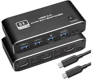 2-Port HDMI 2.1 8K KVM Switch 2 In 1 Out, 2 PCs Share 1 Monitor, Keyboard & Mouse with 2 USB 3.0 Ports, Supports 8K@60Hz, Dynamic HDR, VRR, RGB 8:8:8, One-Button & Hotkey Switching 2-Port HDMI 2.1 8K KVM Switch 2 In 1 Out, 2 PCs Share 1 Monitor, Keyboard & Mouse with 2 USB 3.0 Ports, Supports 8K@60Hz, Dynamic HDR, VRR, RGB 8:8:8, One-Button & Hotkey Switching