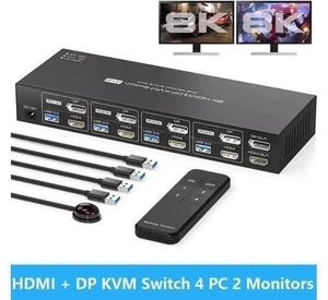 4-Port Dual Monitor HDMI2.1+DP1.4 KVM Switch, 8K@60Hz, 4 USB3.0 Ports with IR Remote Control 4-Port Dual Monitor HDMI2.1+DP1.4 KVM Switch, 8K@60Hz, 4 USB3.0 Ports with IR Remote Control