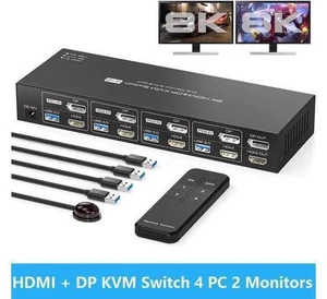 4-Port HDMI2.1+DP1.4 Dual Monitor USB3.0 KVM Switch, 8K@60Hz, 4 USB3.0 Ports with IR Remote Control 4-Port HDMI2.1+DP1.4 Dual Monitor USB3.0 KVM Switch, 8K@60Hz, 4 USB3.0 Ports with IR Remote Control