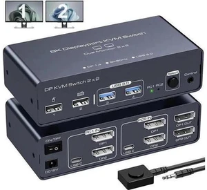 2 Port 2-In-2-Out Dual Monitor DisplayPort 1.4 KVM Switch 8K@60Hz 4K@120Hz USB 3.0, Aluminum Housing, with USB3.0 to USB-C Cable, 4 USB Peripherals Sharing for 2 PCs & 2 Displays 2 Port 2-In-2-Out Dual Monitor DisplayPort 1.4 KVM Switch 8K@60Hz 4K@120Hz USB 3.0, Aluminum Housing, with USB3.0 to USB-C Cable, 4 USB Peripherals Sharing for 2 PCs & 2 Displays