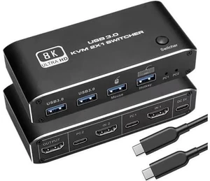 2 In 1 Out HDMI 2.1 KVM Switch 8K@60Hz, 2 PCs Share 1 Monitor Keyboard Mouse & Dual USB 3.0 Ports, Support Dynamic HDR, VRR, RGB 8:8:8, One-Button & Hotkey Switching 2 In 1 Out HDMI 2.1 KVM Switch 8K@60Hz, 2 PCs Share 1 Monitor Keyboard Mouse & Dual USB 3.0 Ports, Support Dynamic HDR, VRR, RGB 8:8:8, One-Button & Hotkey Switching