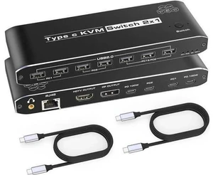 2 Port USB-C KVM Switch with HDMI & DP Output, Thunderbolt Type-C KVM Hub 7 USB-A, 100W PD, RJ45 Ethernet & 3.5mm Audio Jack, 4K@60Hz for Laptops 2 Port USB-C KVM Switch with HDMI & DP Output, Thunderbolt Type-C KVM Hub 7 USB-A, 100W PD, RJ45 Ethernet & 3.5mm Audio Jack, 4K@60Hz for Laptops