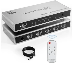 5 in 1 Out 8K HDMI Switch Splitter with IR Remote, 48Gbps HDMI 2.1 Port Expander Supports 8K@60Hz, 4K@120Hz, 3D, CEC, HDR, HDCP 2.3 5 in 1 Out 8K HDMI Switch Splitter with IR Remote, 48Gbps HDMI 2.1 Port Expander Supports 8K@60Hz, 4K@120Hz, 3D, CEC, HDR, HDCP 2.3