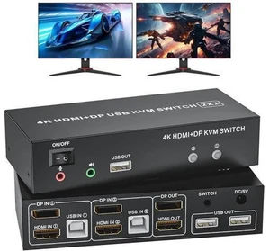 2x2 Hybrid DP 1.4+HDMI Dual Monitor KVM Switch 4K@60Hz, USB 2.0 KVM Switcher with Audio Mic Port for 2 PCs Share 2 Displays Keyboard Mouse Printer 2x2 Hybrid DP 1.4+HDMI Dual Monitor KVM Switch 4K@60Hz, USB 2.0 KVM Switcher with Audio Mic Port for 2 PCs Share 2 Displays Keyboard Mouse Printer