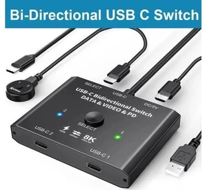 Bi-Directional 2 In 1 Out / 1 In 2 Out USB-C KVM Switch, Support 8K@60Hz & 4K@120Hz Video, 10Gbps Data, 100W PD Charging, Compatible with Thunderbolt Devices Bi-Directional 2 In 1 Out / 1 In 2 Out USB-C KVM Switch, Support 8K@60Hz & 4K@120Hz Video, 10Gbps Data, 100W PD Charging, Compatible with Thunderbolt Devices