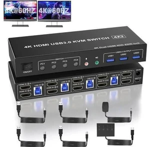 4-Port Dual HDMI USB3.0 KVM Switch, 4-In-2-Out 4K@60Hz, EDID, Audio/Mic & 3 USB3.0 for 4 PCs Share 2 Monitors 4-Port Dual HDMI USB3.0 KVM Switch, 4-In-2-Out 4K@60Hz, EDID, Audio/Mic & 3 USB3.0 for 4 PCs Share 2 Monitors