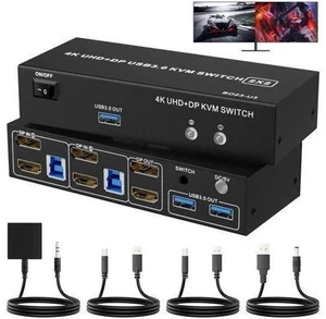2-Port HDMI+DP Dual Monitor KVM Switch 4K@60Hz, 3 USB3.0 Ports, Wired Switch Button & 2 USB Cables Included 2-Port HDMI+DP Dual Monitor KVM Switch 4K@60Hz, 3 USB3.0 Ports, Wired Switch Button & 2 USB Cables Included