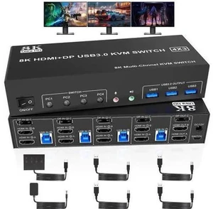 4-Port Triple Monitor KVM Switch (2×HDMI2.1+DP1.4), 8K@60Hz, USB3.0 with Audio & Mic, 4 PCs Share 3 Displays 4-Port Triple Monitor KVM Switch (2×HDMI2.1+DP1.4), 8K@60Hz, USB3.0 with Audio & Mic, 4 PCs Share 3 Displays