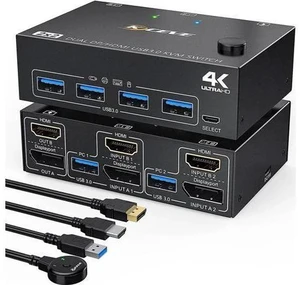 2-Port HDMI+DP Dual Monitor KVM Switch, 4K@60Hz 2K@120Hz, 4 USB3.0 Ports, Wired Remote & 4 Cables Included 2-Port HDMI+DP Dual Monitor KVM Switch, 4K@60Hz 2K@120Hz, 4 USB3.0 Ports, Wired Remote & 4 Cables Included