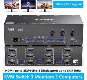 3 Port Triple Monitor 1HDMI+2DP KVM Switch, 8K@60Hz/30Hz 2K@144Hz USB3.0 KVM Switcher for 3 PCs Share 3 Displays, Support Extended Display Mode 3 Port Triple Monitor 1HDMI+2DP KVM Switch, 8K@60Hz/30Hz 2K@144Hz USB3.0 KVM Switcher for 3 PCs Share 3 Displays, Support Extended Display Mode