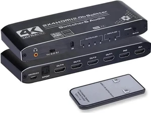 2x4 HDMI Matrix Switch Splitter with Audio Extractor & IR Remote, HDMI 2.0b 4K@60Hz Matrix Support Optical SPDIF + 3.5mm Audio, HDCP2.2 RGB 4:4:4 HDR for 4K HDTV Monitor 2x4 HDMI Matrix Switch Splitter with Audio Extractor & IR Remote, HDMI 2.0b 4K@60Hz Matrix Support Optical SPDIF + 3.5mm Audio, HDCP2.2 RGB 4:4:4 HDR for 4K HDTV Monitor