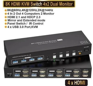 4 In 2 Out Dual Monitor HDMI KVM Switch 8K@60Hz 4K@120Hz USB 3.0, 4 USB 3.0 Ports, Compatible with Windows, MacOS, Linux & Unix for 4 PCs Share Dual Displays 4 In 2 Out Dual Monitor HDMI KVM Switch 8K@60Hz 4K@120Hz USB 3.0, 4 USB 3.0 Ports, Compatible with Windows, MacOS, Linux & Unix for 4 PCs Share Dual Displays