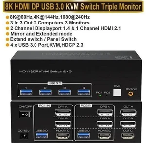 2-Port Triple Monitor KVM Switch (2DP+1HDMI), 8K@60Hz / 4K@144Hz, 4 USB3.0 Ports 2-Port Triple Monitor KVM Switch (2DP+1HDMI), 8K@60Hz / 4K@144Hz, 4 USB3.0 Ports