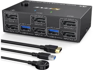 2 Port Dual Monitor DP 1.4 KVM Switch 8K@30Hz 4K@60Hz, 2 PCs Share 2 Screens, 4 USB 3.0 Ports, DP1.2 Backward Compatible, With DP USB Cables & Wired Controller 2 Port Dual Monitor DP 1.4 KVM Switch 8K@30Hz 4K@60Hz, 2 PCs Share 2 Screens, 4 USB 3.0 Ports, DP1.2 Backward Compatible, With DP USB Cables & Wired Controller