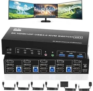 4-Port Triple Monitor KVM Switch (2HDMI+1DP), 8K@60Hz, Audio & Mic, 3 USB3.0 Ports, Extended & Clone Display Modes 4-Port Triple Monitor KVM Switch (2HDMI+1DP), 8K@60Hz, Audio & Mic, 3 USB3.0 Ports, Extended & Clone Display Modes